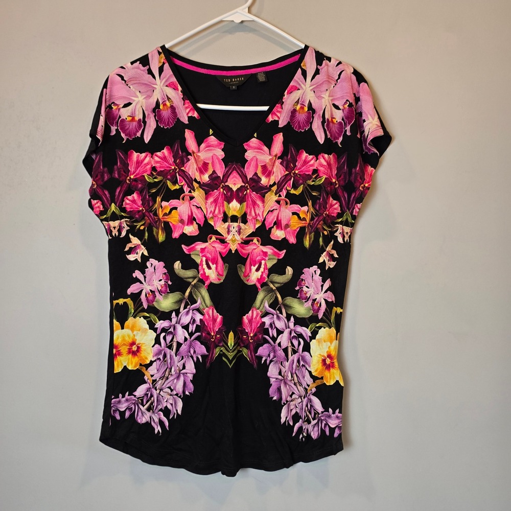 Ted Baker Shirt Floral Womens XS Black Pink Purple Orchid